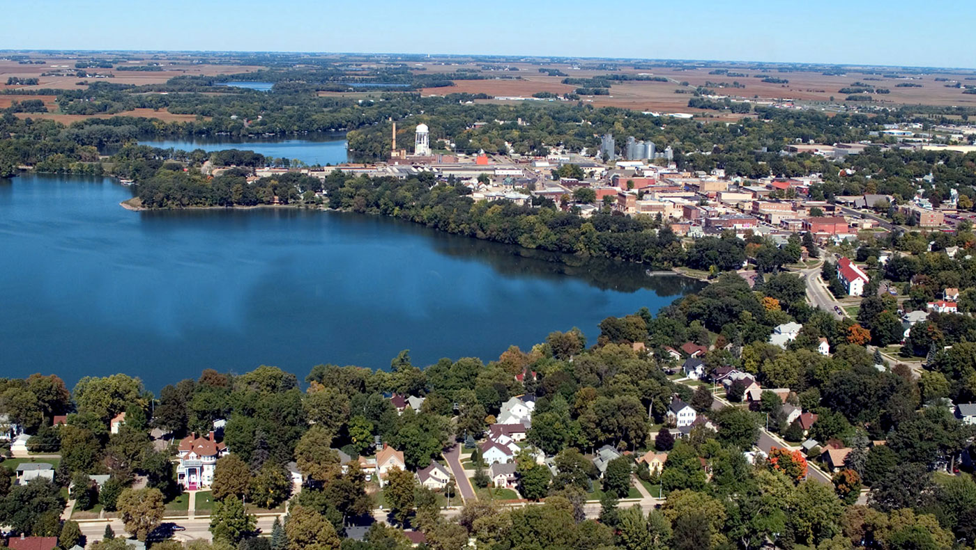 aerial view of lake and Fairmont, MN